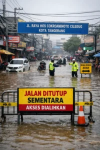 Read more about the article Dilanda Banjir, Akses Jalan Raya HOS Cokroaminoto Ciledug Kota Tangerang Ditutup Sementara