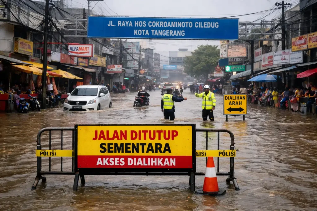 Dilanda Banjir, Akses Jalan Raya HOS Cokroaminoto Ciledug Kota Tangerang Ditutup Sementara